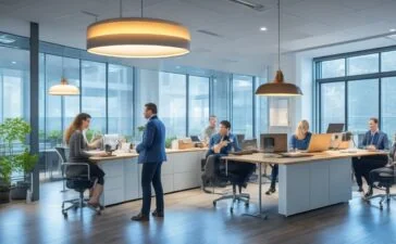 Ein lichtdurchflutetes, modernes Büro mit freundlichen Mitarbeitenden in leichter Teamdiskussion vor Laptopbildschirmen, die konzentriert und entspannt zugleich eine neue Ära der Zusammenarbeit zwischen Mensch und KI verkörpern, eingefangen in natürlichem Tageslicht mit warmen Farbtönen und authentischen Gesichtsausdrücken.