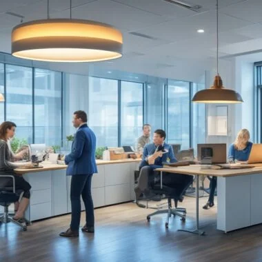 Ein lichtdurchflutetes, modernes Büro mit freundlichen Mitarbeitenden in leichter Teamdiskussion vor Laptopbildschirmen, die konzentriert und entspannt zugleich eine neue Ära der Zusammenarbeit zwischen Mensch und KI verkörpern, eingefangen in natürlichem Tageslicht mit warmen Farbtönen und authentischen Gesichtsausdrücken.