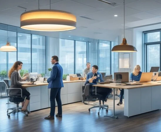 Ein lichtdurchflutetes, modernes Büro mit freundlichen Mitarbeitenden in leichter Teamdiskussion vor Laptopbildschirmen, die konzentriert und entspannt zugleich eine neue Ära der Zusammenarbeit zwischen Mensch und KI verkörpern, eingefangen in natürlichem Tageslicht mit warmen Farbtönen und authentischen Gesichtsausdrücken.