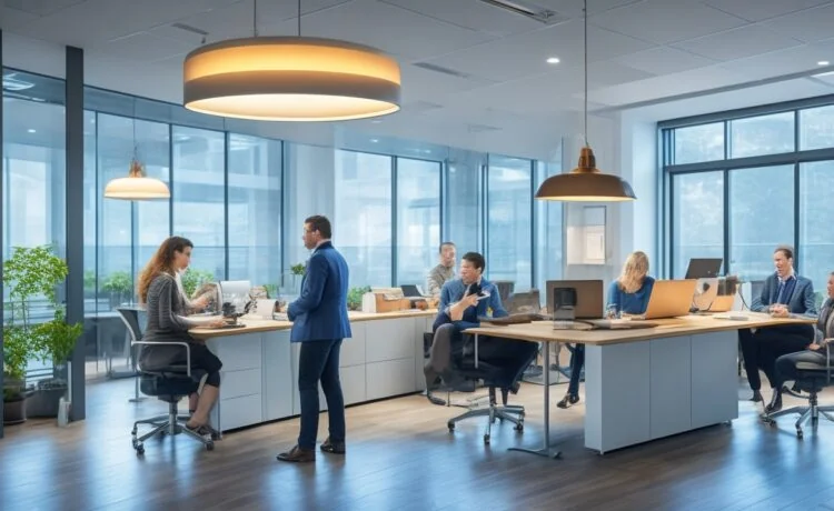 Ein lichtdurchflutetes, modernes Büro mit freundlichen Mitarbeitenden in leichter Teamdiskussion vor Laptopbildschirmen, die konzentriert und entspannt zugleich eine neue Ära der Zusammenarbeit zwischen Mensch und KI verkörpern, eingefangen in natürlichem Tageslicht mit warmen Farbtönen und authentischen Gesichtsausdrücken.