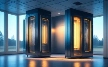 Ein hell erleuchteter, moderner Serverraum mit glänzenden, futuristischen Rechenzentren unter warmem, natürlichem Sonnenlicht, das durch große Fenster fällt und eine Atmosphäre von nachhaltiger Innovation und technologischem Fortschritt ausstrahlt.