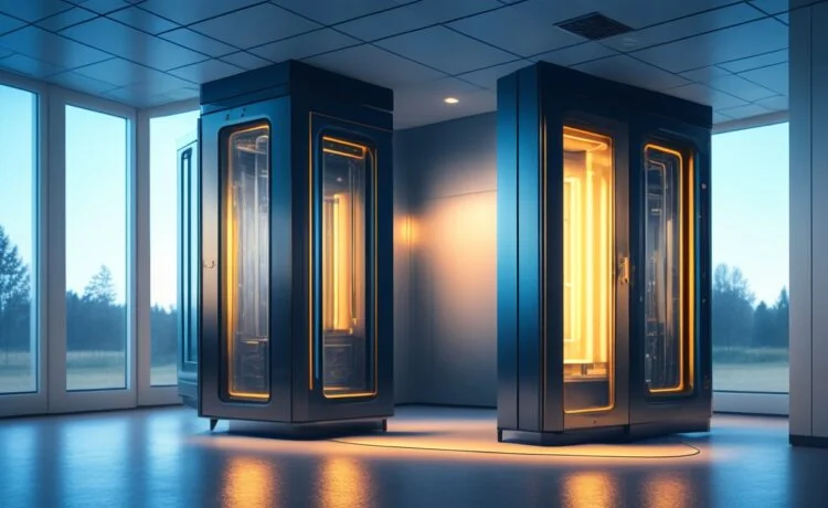 Ein hell erleuchteter, moderner Serverraum mit glänzenden, futuristischen Rechenzentren unter warmem, natürlichem Sonnenlicht, das durch große Fenster fällt und eine Atmosphäre von nachhaltiger Innovation und technologischem Fortschritt ausstrahlt.