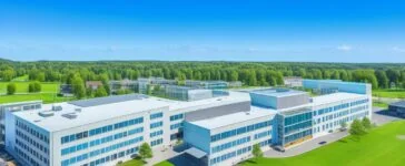 Sonnendurchflutete Luftaufnahme des modernen Data4-Campus in Hanau mit klaren Stahl- und Glasfassaden, umgeben von grünen Flächen und Bäumen, die eine perfekte Verbindung von Hightech-Infrastruktur, nachhaltiger Energie und lebendiger Natur vermitteln – ein Symbol für Europas digitale Zukunft voller Wachstum, Innovation und verantwortungsvollem Fortschritt.