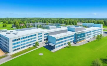 Sonnendurchflutete Luftaufnahme des modernen Data4-Campus in Hanau mit klaren Stahl- und Glasfassaden, umgeben von grünen Flächen und Bäumen, die eine perfekte Verbindung von Hightech-Infrastruktur, nachhaltiger Energie und lebendiger Natur vermitteln – ein Symbol für Europas digitale Zukunft voller Wachstum, Innovation und verantwortungsvollem Fortschritt.