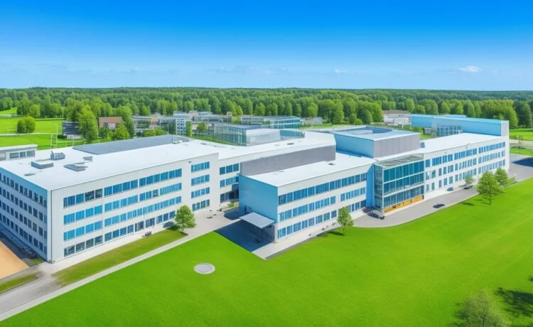 Sonnendurchflutete Luftaufnahme des modernen Data4-Campus in Hanau mit klaren Stahl- und Glasfassaden, umgeben von grünen Flächen und Bäumen, die eine perfekte Verbindung von Hightech-Infrastruktur, nachhaltiger Energie und lebendiger Natur vermitteln – ein Symbol für Europas digitale Zukunft voller Wachstum, Innovation und verantwortungsvollem Fortschritt.
