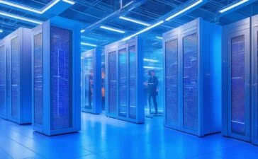 In einem hell erleuchteten, modernen Supercomputing-Zentrum strahlt das leise Summen gigantischer Serverreihen Wärme und technologische Pionierkraft aus, während Forscherinnen und Forscher in konzentrierter, freundlicher Atmosphäre an der Zukunft Europas und seiner digitalen Souveränität arbeiten.