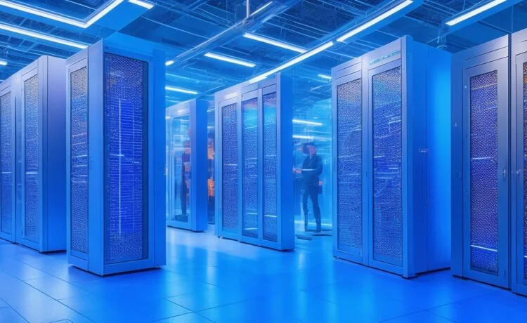 In einem hell erleuchteten, modernen Supercomputing-Zentrum strahlt das leise Summen gigantischer Serverreihen Wärme und technologische Pionierkraft aus, während Forscherinnen und Forscher in konzentrierter, freundlicher Atmosphäre an der Zukunft Europas und seiner digitalen Souveränität arbeiten.