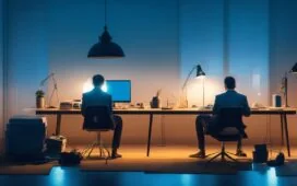 Ein hell erleuchteter, moderner Arbeitsplatz mit entspannt lächelnder Person vor einem Laptop, umgeben von Notizen und skizzenhaften Grafiken, die kompakte KI-Konzepte symbolisieren, eingefangen in warmem, natürlichem Tageslicht für eine einladende, verständnisfördernde Atmosphäre.