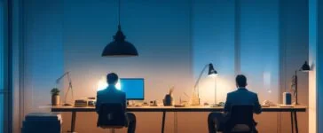 Ein hell erleuchteter, moderner Arbeitsplatz mit entspannt lächelnder Person vor einem Laptop, umgeben von Notizen und skizzenhaften Grafiken, die kompakte KI-Konzepte symbolisieren, eingefangen in warmem, natürlichem Tageslicht für eine einladende, verständnisfördernde Atmosphäre.