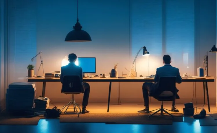 Ein hell erleuchteter, moderner Arbeitsplatz mit entspannt lächelnder Person vor einem Laptop, umgeben von Notizen und skizzenhaften Grafiken, die kompakte KI-Konzepte symbolisieren, eingefangen in warmem, natürlichem Tageslicht für eine einladende, verständnisfördernde Atmosphäre.