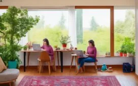 Eine helle, einladende Szene in einem modernen Wohnzimmer, in der eine entspannte junge Frau mit warmem Lächeln sorgsam ihren Laptop prüft, umgeben von natürlichem Tageslicht und dezentem Digitalzubehör, das Vertrauen und Achtsamkeit beim sicheren Online-Shopping symbolisiert.
