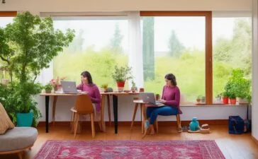 Eine helle, einladende Szene in einem modernen Wohnzimmer, in der eine entspannte junge Frau mit warmem Lächeln sorgsam ihren Laptop prüft, umgeben von natürlichem Tageslicht und dezentem Digitalzubehör, das Vertrauen und Achtsamkeit beim sicheren Online-Shopping symbolisiert.