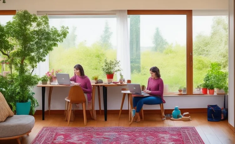 Eine helle, einladende Szene in einem modernen Wohnzimmer, in der eine entspannte junge Frau mit warmem Lächeln sorgsam ihren Laptop prüft, umgeben von natürlichem Tageslicht und dezentem Digitalzubehör, das Vertrauen und Achtsamkeit beim sicheren Online-Shopping symbolisiert.