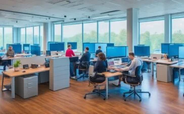 Hell erleuchtetes, modernes Büro mit konzentriert arbeitendem IT-Team, das in freundlicher Atmosphäre gemeinsam an Laptops und Monitoren Sicherheitsupdates für Fernzugriffssysteme installiert, um digitale Netzwerke vor Cyberangriffen zu schützen.