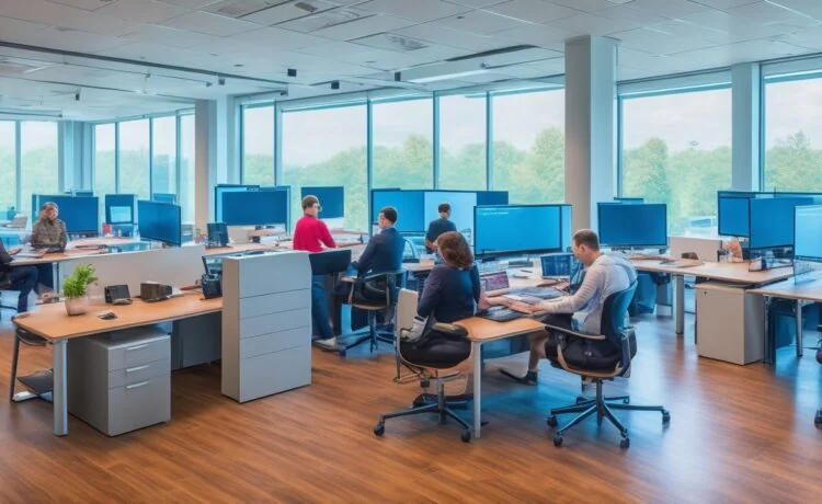 Hell erleuchtetes, modernes Büro mit konzentriert arbeitendem IT-Team, das in freundlicher Atmosphäre gemeinsam an Laptops und Monitoren Sicherheitsupdates für Fernzugriffssysteme installiert, um digitale Netzwerke vor Cyberangriffen zu schützen.