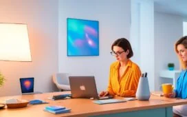 Ein modernes, hell erleuchtetes Home-Office-Setting mit einer fokussierten jungen Frau, die entspannt lächelnd auf ihrem Tablet eine Finanz-App mit KI-unterstützter Anlageberatung nutzt, während warmes Tageslicht durch ein großes Fenster fällt und ein stilvoller Schreibtisch mit dezenten Pflanzen und Notizen die Atmosphäre einladend und vertrauenswürdig gestaltet.