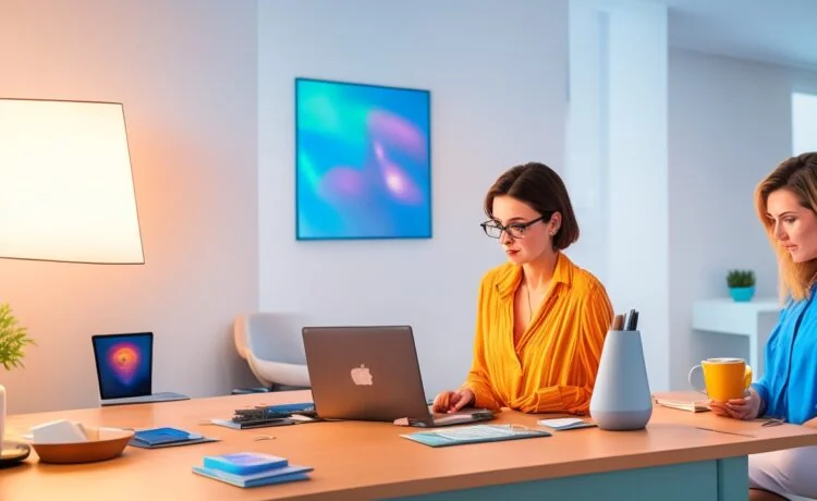 Ein modernes, hell erleuchtetes Home-Office-Setting mit einer fokussierten jungen Frau, die entspannt lächelnd auf ihrem Tablet eine Finanz-App mit KI-unterstützter Anlageberatung nutzt, während warmes Tageslicht durch ein großes Fenster fällt und ein stilvoller Schreibtisch mit dezenten Pflanzen und Notizen die Atmosphäre einladend und vertrauenswürdig gestaltet.