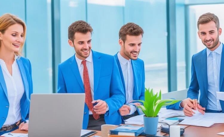 Eine sonnendurchflutete Büroszene mit jungen, engagierten Finanzexperten in moderner Business-Kleidung, die bei einem kreativen Meeting lebhaft über Fintech-Charts und Strategien diskutieren, umgeben von stilvollem Interieur und großen Fenstern, die Wärme und Optimismus ausstrahlen.