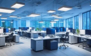 In einem modern eingerichteten Büro erhellt warmes Tageslicht einen konzentriert arbeitenden IT-Spezialisten vor einem mehrbildschirmigen Arbeitsplatz, auf dem Netzwerkdiagramme und Telefonanlagen-Oberflächen dezent sichtbar sind, während im Hintergrund eine freundlich gestaltete, helle Arbeitsumgebung mit Pflanzen und technischen Geräten beruhigende Sicherheit und berufliche Verantwortung ausstrahlt.