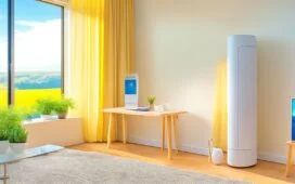 Ein helles, warm ausgeleuchtetes Wohnzimmer mit einem modernen Router auf einem hölzernen Beistelltisch, umgeben von entspannt arbeitenden Menschen und technischen Geräten, das eine einladende Atmosphäre digital vernetzter Sicherheit und vertrauter Geborgenheit vermittelt.