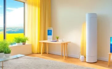 Ein helles, warm ausgeleuchtetes Wohnzimmer mit einem modernen Router auf einem hölzernen Beistelltisch, umgeben von entspannt arbeitenden Menschen und technischen Geräten, das eine einladende Atmosphäre digital vernetzter Sicherheit und vertrauter Geborgenheit vermittelt.