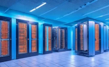 Ein freundlich warm ausgeleuchteter High-Tech-Forschungsraum mit modernen Supercomputern und Wissenschaftlern in angeregtem Gespräch, die konzentriert innovative KI- und Simulationsmodelle auf großen Bildschirmen analysieren – ein lebendiges Sinnbild für die zukunftsweisende Verbindung von Supercomputing und künstlicher Intelligenz.