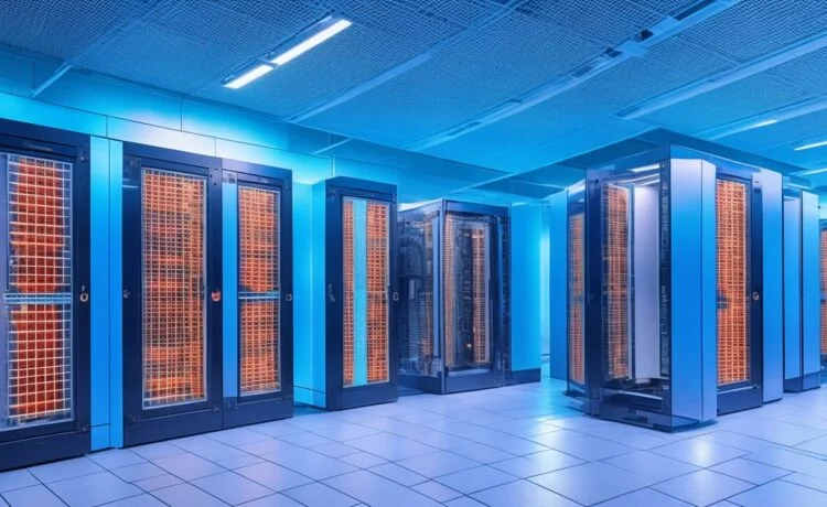 Ein freundlich warm ausgeleuchteter High-Tech-Forschungsraum mit modernen Supercomputern und Wissenschaftlern in angeregtem Gespräch, die konzentriert innovative KI- und Simulationsmodelle auf großen Bildschirmen analysieren – ein lebendiges Sinnbild für die zukunftsweisende Verbindung von Supercomputing und künstlicher Intelligenz.
