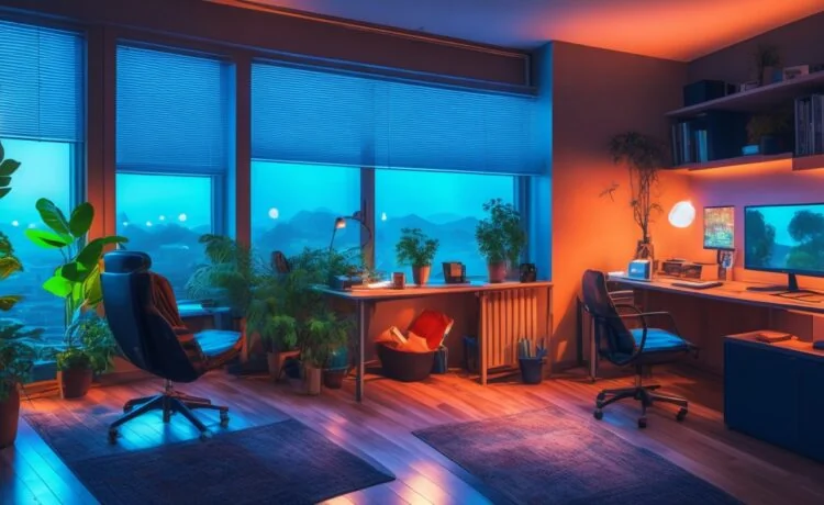 In einem warm erleuchteten Zimmer sitzt ein konzentrierter Gamer vor einem modernen PC mit leuchtender Tastatur, während sanftes Tageslicht durch das Fenster fällt und subtil die angespannte Atmosphäre zwischen Faszination und digitaler Bedrohung einfängt.