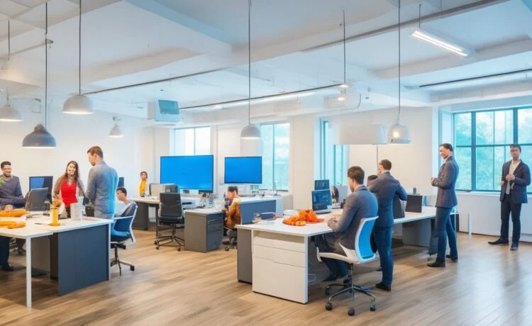 Ein lichtdurchflutetes modernes Büro mit jungen, nachdenklich aber zuversichtlich agierenden IT-Talenten im Gespräch, deren Mimik Wärme und Zukunftshoffnung ausstrahlt, umgeben von natürlichem Tageslicht und realistisch gestalteter technischer Ausstattung in einem eleganten, klaren Editorial-Stil.