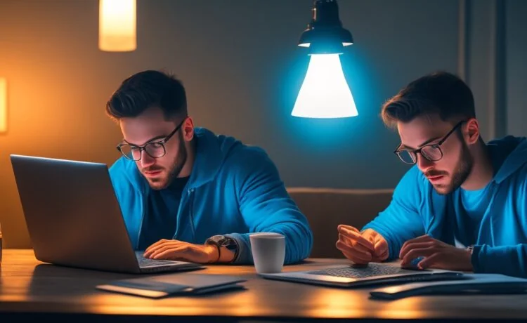 Ein helles, einfühlsam komponiertes Editorial-Foto zeigt eine moderne Arbeitsumgebung mit einem entspannten jungen Menschen vor einem leuchtenden Laptop-Bildschirm, dessen warme Tageslichtstimmung Sicherheit und Achtsamkeit im digitalen Alltag symbolisiert.