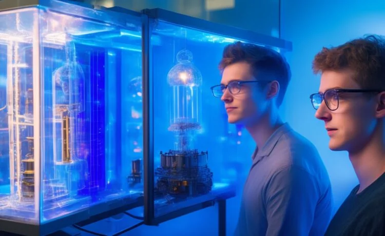 In einem hell erleuchteten, modernen Labor schaut eine junge Wissenschaftlerin mit einem freundlichen, konzentrierten Lächeln auf einen transparenten, detailreichen Gehirn-Computer-Schnittstellen-Prototyp, während warmes Tageslicht durch große Fenster strömt und eine Atmosphäre von Fortschritt, Hoffnung und ethischer Verantwortung erzeugt.