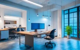 Ein strahlend helles Büro mit natürlichem Tageslicht, in dem ein lächelnder Entwickler fokussiert an seinem modernen Laptop arbeitet, umgeben von inspirierenden Skizzen und Technikutensilien, die eine warme und einladende Atmosphäre der produktiven KI-Entwicklung in Go vermitteln.
