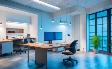 Ein strahlend helles Büro mit natürlichem Tageslicht, in dem ein lächelnder Entwickler fokussiert an seinem modernen Laptop arbeitet, umgeben von inspirierenden Skizzen und Technikutensilien, die eine warme und einladende Atmosphäre der produktiven KI-Entwicklung in Go vermitteln.