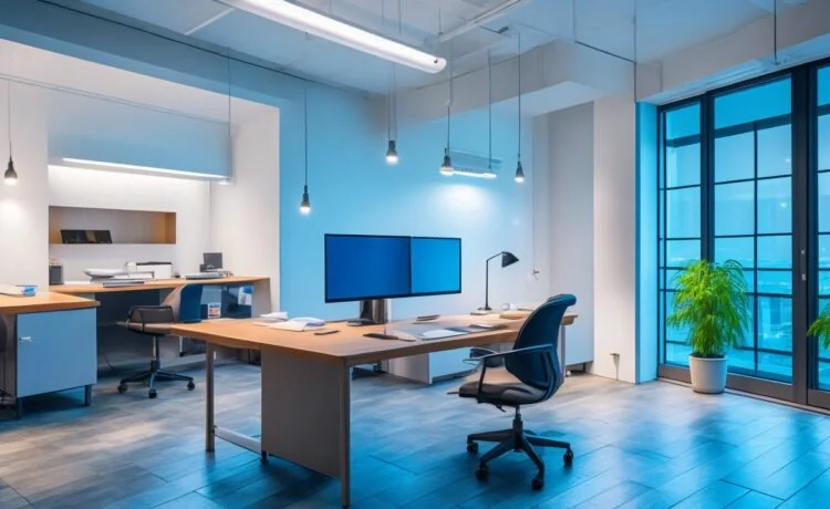 Ein strahlend helles Büro mit natürlichem Tageslicht, in dem ein lächelnder Entwickler fokussiert an seinem modernen Laptop arbeitet, umgeben von inspirierenden Skizzen und Technikutensilien, die eine warme und einladende Atmosphäre der produktiven KI-Entwicklung in Go vermitteln.