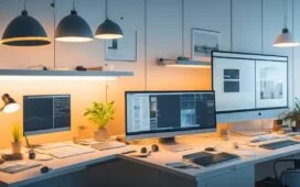 Ein warm ausgeleuchtetes, modernes Büro mit kreativen Webdesignern in lebendiger Zusammenarbeit, umgeben von skizzenhaften Wireframes und leuchtenden Bildschirmen, die innovative digitale Projekte ausstrahlen, eingefangen in natürlichem Tageslicht für eine freundliche, motivierende Atmosphäre.