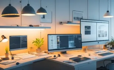 Ein warm ausgeleuchtetes, modernes Büro mit kreativen Webdesignern in lebendiger Zusammenarbeit, umgeben von skizzenhaften Wireframes und leuchtenden Bildschirmen, die innovative digitale Projekte ausstrahlen, eingefangen in natürlichem Tageslicht für eine freundliche, motivierende Atmosphäre.