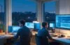 Ein freundlicher, lichtdurchfluteter Arbeitsplatz mit einem fokussierten Entwickler mittleren Alters, der entspannt vor mehreren Monitoren mit geöffneter Programmierumgebung sitzt, während warme Sonnenstrahlen durch ein großes Fenster fallen und eine Atmosphäre von sicherer, moderner Softwareentwicklung vermitteln.