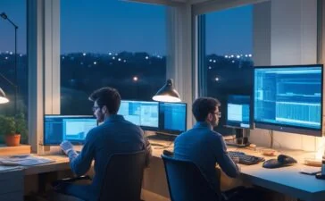 Ein freundlicher, lichtdurchfluteter Arbeitsplatz mit einem fokussierten Entwickler mittleren Alters, der entspannt vor mehreren Monitoren mit geöffneter Programmierumgebung sitzt, während warme Sonnenstrahlen durch ein großes Fenster fallen und eine Atmosphäre von sicherer, moderner Softwareentwicklung vermitteln.