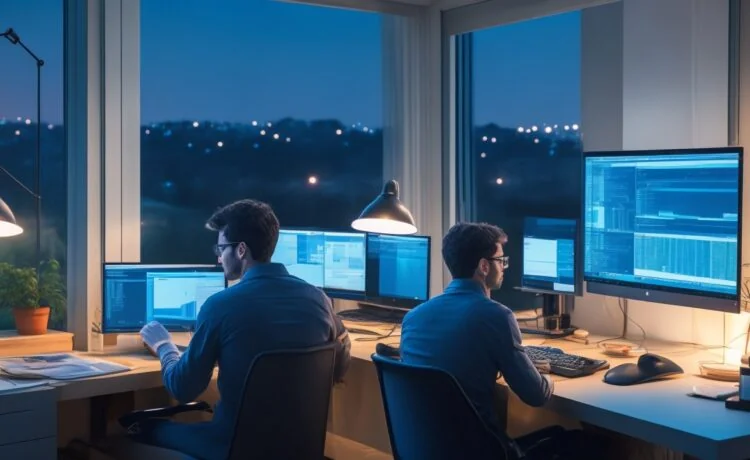 Ein freundlicher, lichtdurchfluteter Arbeitsplatz mit einem fokussierten Entwickler mittleren Alters, der entspannt vor mehreren Monitoren mit geöffneter Programmierumgebung sitzt, während warme Sonnenstrahlen durch ein großes Fenster fallen und eine Atmosphäre von sicherer, moderner Softwareentwicklung vermitteln.
