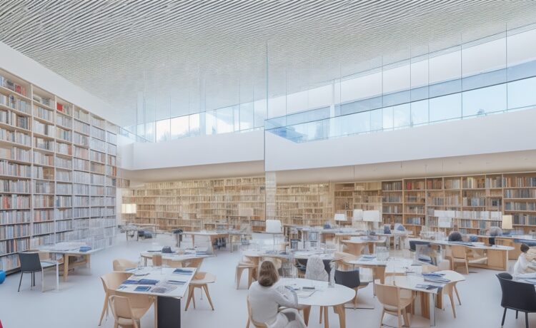 Ein sonnendurchfluteter, moderner Bibliotheksraum in Berlin mit offenen Fenstern, an hellen Holztischen sitzen lachende Menschen unterschiedlichster Altersgruppen, vertieft in digitale Geräte und Bücher, während im Hintergrund hohe Regale voller Bücher und dezente Glasfaserkabelverbindungen eine Atmosphäre von Innovation, Bildung und gemeinschaftlichem Aufbruch schaffen.