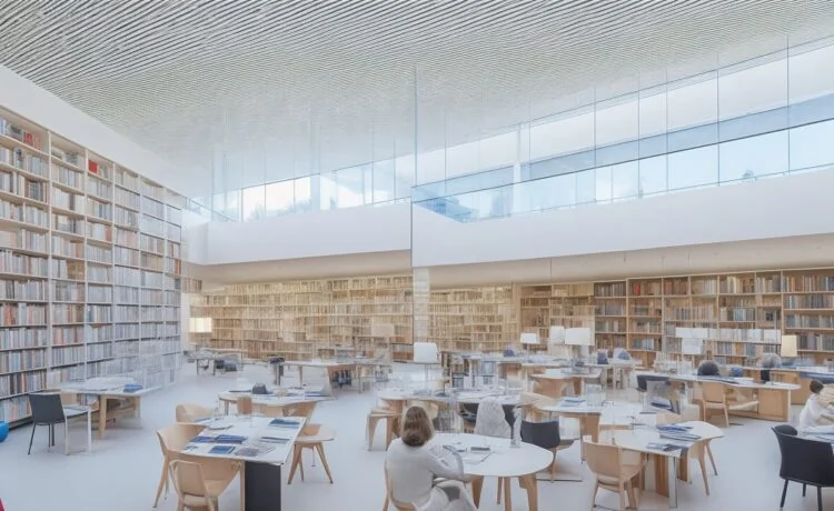 Ein sonnendurchfluteter, moderner Bibliotheksraum in Berlin mit offenen Fenstern, an hellen Holztischen sitzen lachende Menschen unterschiedlichster Altersgruppen, vertieft in digitale Geräte und Bücher, während im Hintergrund hohe Regale voller Bücher und dezente Glasfaserkabelverbindungen eine Atmosphäre von Innovation, Bildung und gemeinschaftlichem Aufbruch schaffen.