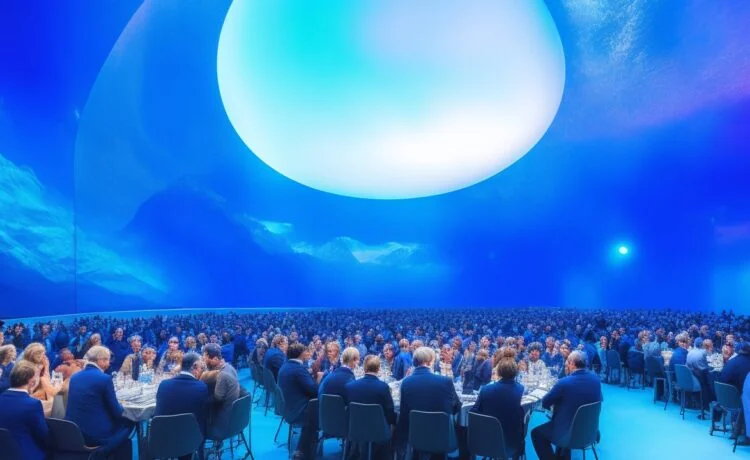 Ein hell erleuchteter, moderner Konferenzraum mit internationalen Experten unterschiedlicher Herkunft, die in entspannter Atmosphäre angeregt über globale KI-Regeln diskutieren, während sanftes Tageslicht durch große Fenster fällt und warme Holztöne den Raum einladend gestalten.