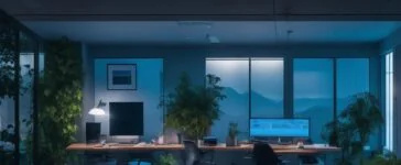 Ein strahlend hell erleuchtetes, natürliches Büro mit zwei motivierten Entwicklern, die in entspannter Atmosphäre an modernen Laptops sitzen, während durch große Fenster warmes Tageslicht den Raum durchflutet und eine freundliche, kollaborative Stimmung für den Vergleich von Go und Kotlin in der Webentwicklung schafft.