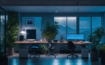 Ein strahlend hell erleuchtetes, natürliches Büro mit zwei motivierten Entwicklern, die in entspannter Atmosphäre an modernen Laptops sitzen, während durch große Fenster warmes Tageslicht den Raum durchflutet und eine freundliche, kollaborative Stimmung für den Vergleich von Go und Kotlin in der Webentwicklung schafft.