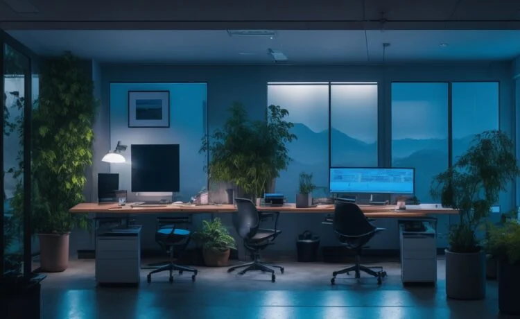 Ein strahlend hell erleuchtetes, natürliches Büro mit zwei motivierten Entwicklern, die in entspannter Atmosphäre an modernen Laptops sitzen, während durch große Fenster warmes Tageslicht den Raum durchflutet und eine freundliche, kollaborative Stimmung für den Vergleich von Go und Kotlin in der Webentwicklung schafft.