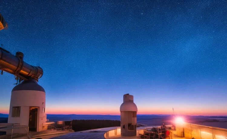 Ein warm erleuchtetes, natürlich wirkendes Editorial-Porträt eines freundlichen Astrophysikers im modernen Observatorium, der mit nachdenklichem Blick durch ein großes Panoramafenster die strahlende, sternenklare Nacht und die ferne Milchstraße betrachtet, deren funkelnde Lichter die Verbindung zwischen kosmischer Explosion und der Entstehung von Gold und Platin symbolisieren.