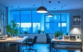 Ein lichtdurchflutetes, modernes Büro mit einem aufgeschlagenen Laptop, an dem eine lächelnde, engagierte Person konzentriert zwischen Notizen und Dokumenten arbeitet, umgeben von warmen Holztönen und sonnendurchfluteter Atmosphäre, die den harmonischen Dialog zwischen Mensch und intelligenter KI widerspiegelt.