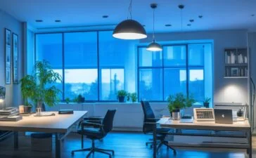 Ein lichtdurchflutetes, modernes Büro mit einem aufgeschlagenen Laptop, an dem eine lächelnde, engagierte Person konzentriert zwischen Notizen und Dokumenten arbeitet, umgeben von warmen Holztönen und sonnendurchfluteter Atmosphäre, die den harmonischen Dialog zwischen Mensch und intelligenter KI widerspiegelt.