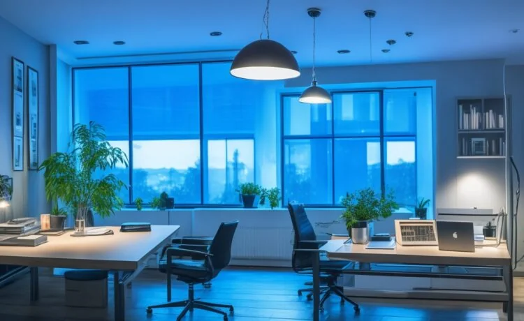 Ein lichtdurchflutetes, modernes Büro mit einem aufgeschlagenen Laptop, an dem eine lächelnde, engagierte Person konzentriert zwischen Notizen und Dokumenten arbeitet, umgeben von warmen Holztönen und sonnendurchfluteter Atmosphäre, die den harmonischen Dialog zwischen Mensch und intelligenter KI widerspiegelt.