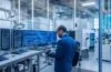 Ein hell erleuchteter, moderner Industriearbeitsplatz, an dem engagierte Fachkräfte vor großen Bildschirmen konzentriert an Cybersicherheitslösungen für vernetzte Produktionsanlagen arbeiten – die warme Tageslichtatmosphäre betont die Bedeutung von Schutz, Vernetzung und technologischem Fortschritt in einem vertrauensvollen Teamumfeld.